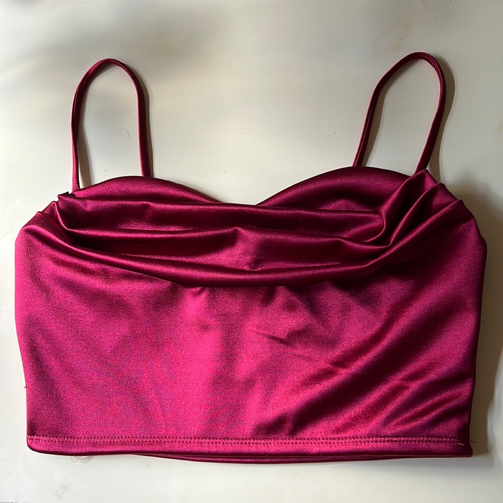 Sweet Amour Satin Pleat Crop Top in Dark Red